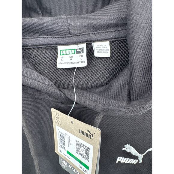 Puma Black Cropped Logo Hoodie French Terry Long Sleeve Sweatshirt Large NWT - Picture 3 of 7